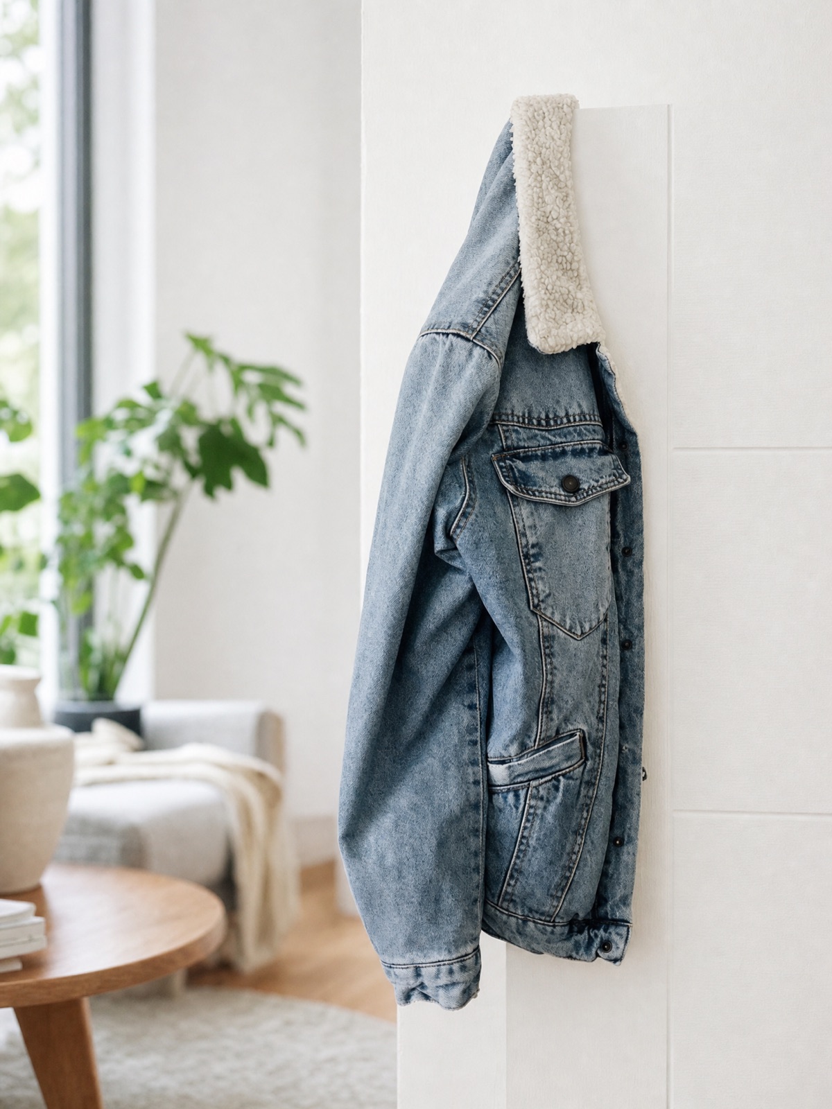 A light-blue denim jacket with a fleece collar hanging on a white wall in a bright living room