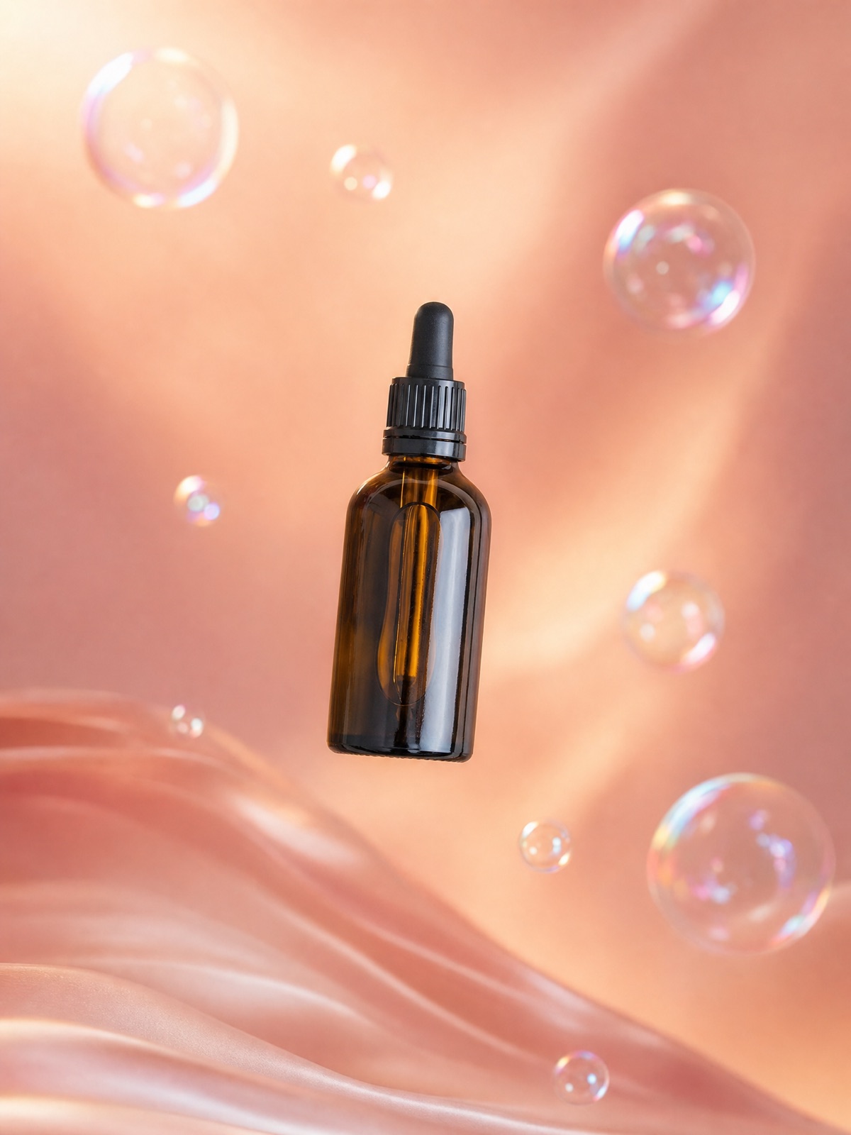 An amber dropper bottle floating on warm rose-pink with soft bubbles