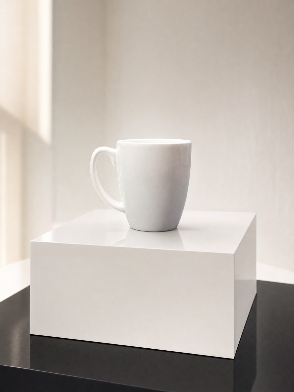 A white ceramic mug on a white plinth in a bright minimal room