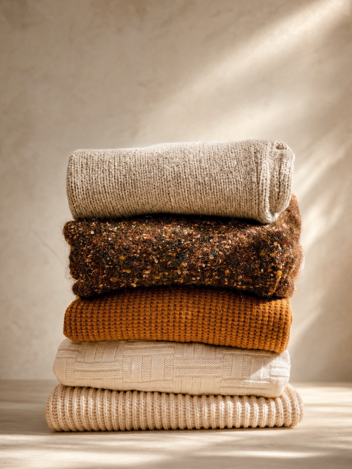 A stack of five folded knit sweaters in cream, brown and mustard in warm window light